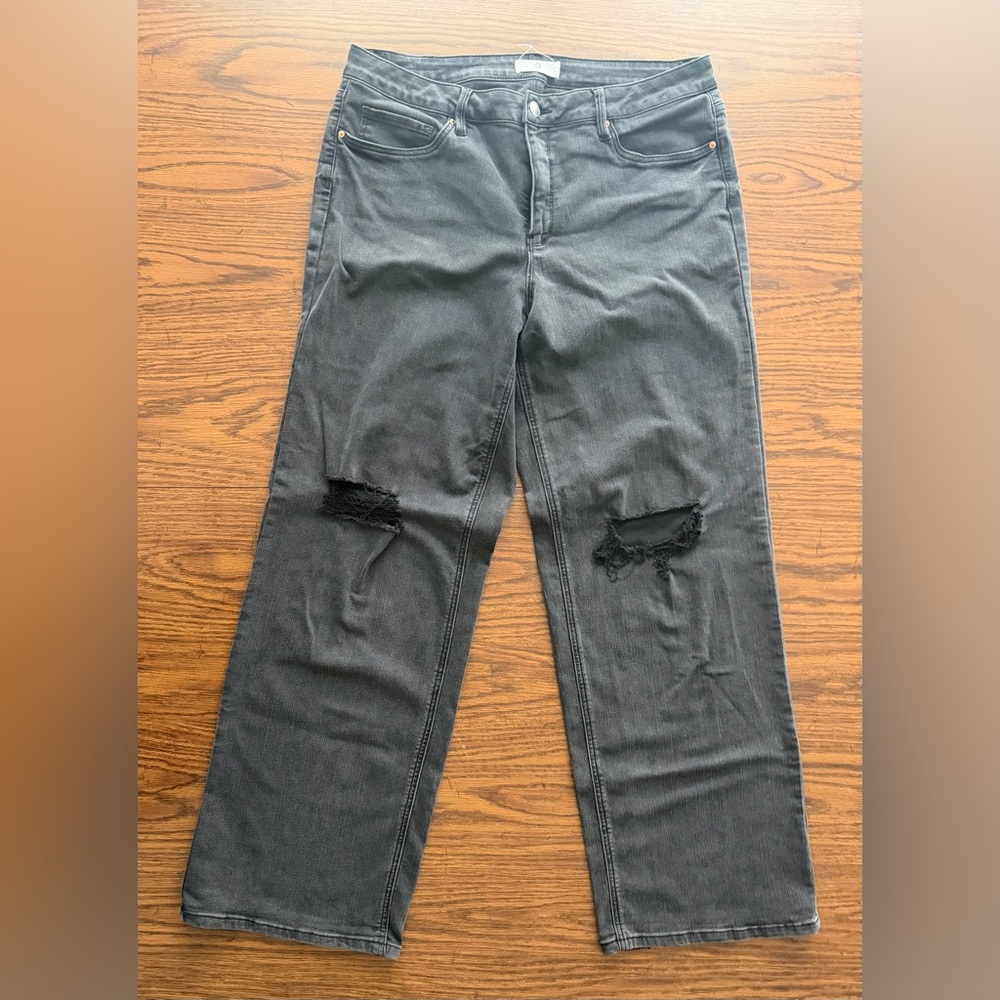 RFM Tummy Control Black Distressed Wide-Leg Jeans with Knee Rips